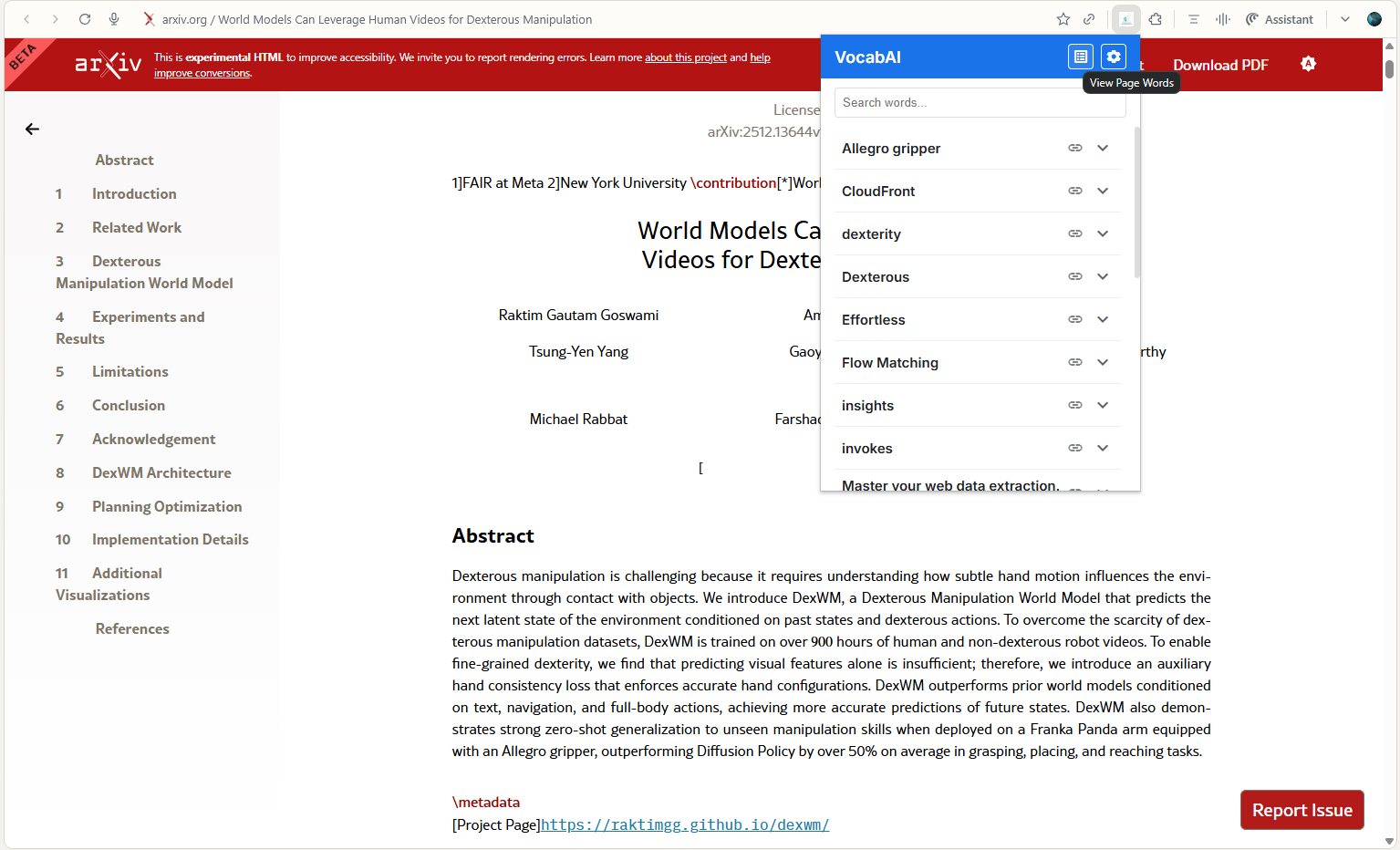 Page Words Icon from Popup
